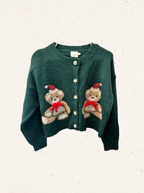 Luna Ivy Teddy Bear Small Christmas Green Cardigan Button Front Holiday